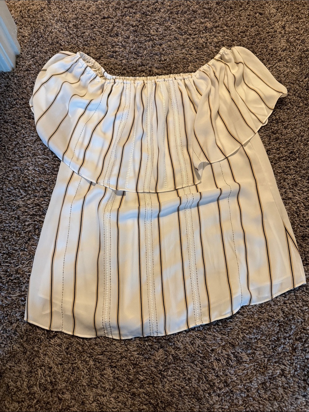 White House Black Market Cream Off-Shoulder Striped Blouse